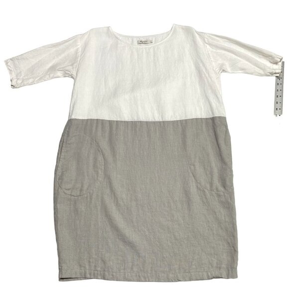 Magic Linen Women's Adria Color Block Linen 3/4 Sleeve Dress Size M White Gray - Picture 3 of 9